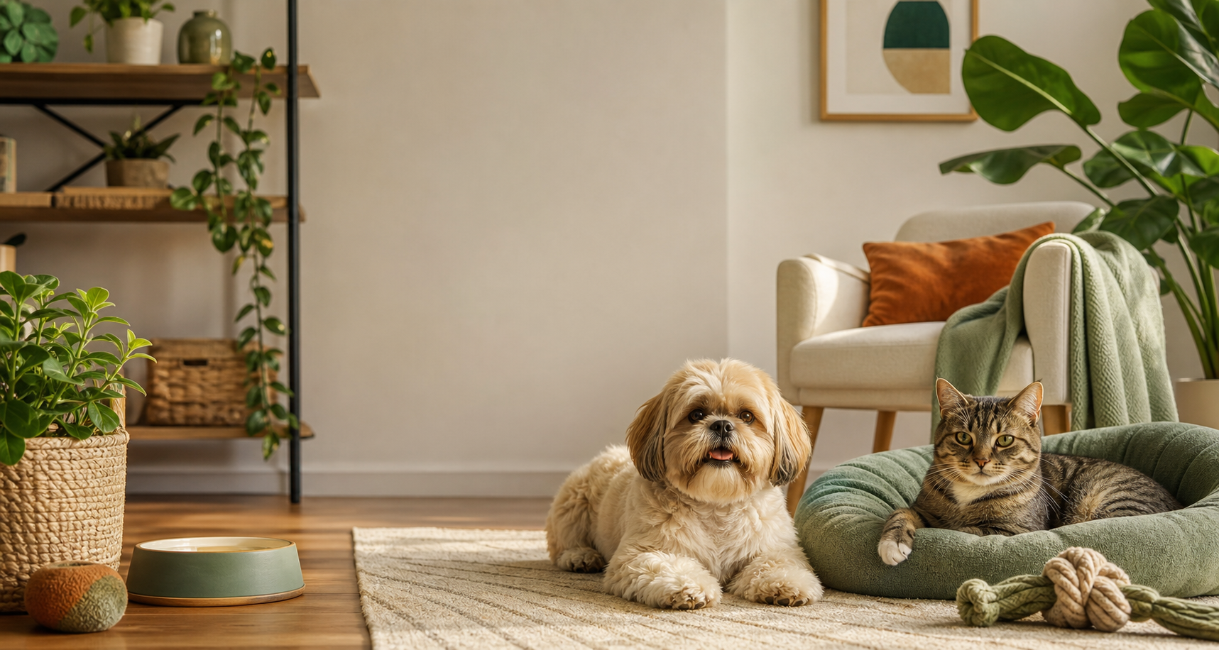 Cachorro e gato em ambiente claro com acessórios pet selecionados pelo Radar Pet
