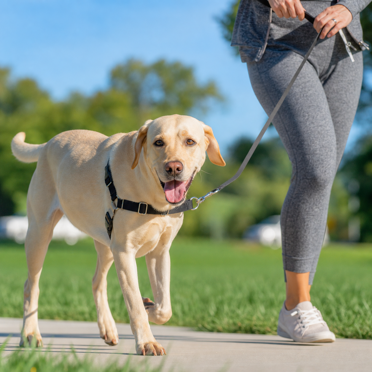 Cachorro passeando com o peitoral frontal PetSafe Easy Walk