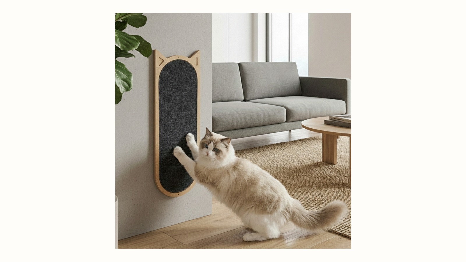 Gato usando arranhador em uma sala organizada