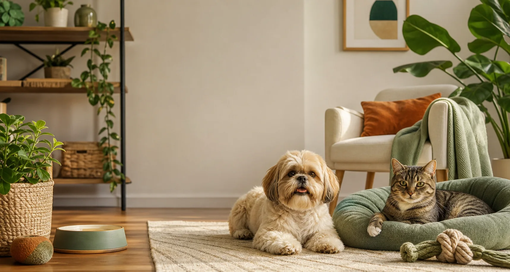 Cachorro e gato em ambiente claro com acessórios pet selecionados pelo Radar Pet