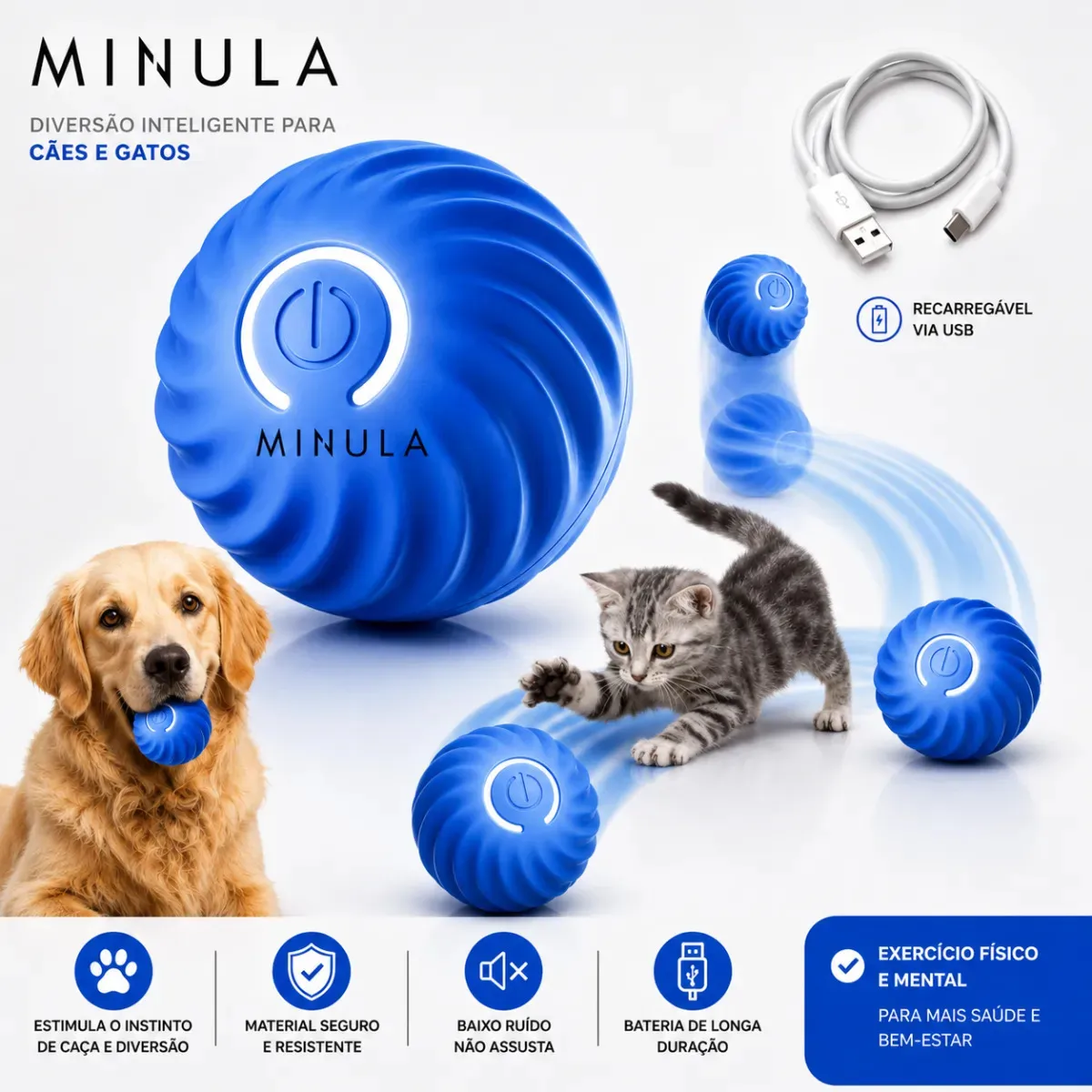Bola interativa Minula azul recarregavel para c&atilde;es e gatos